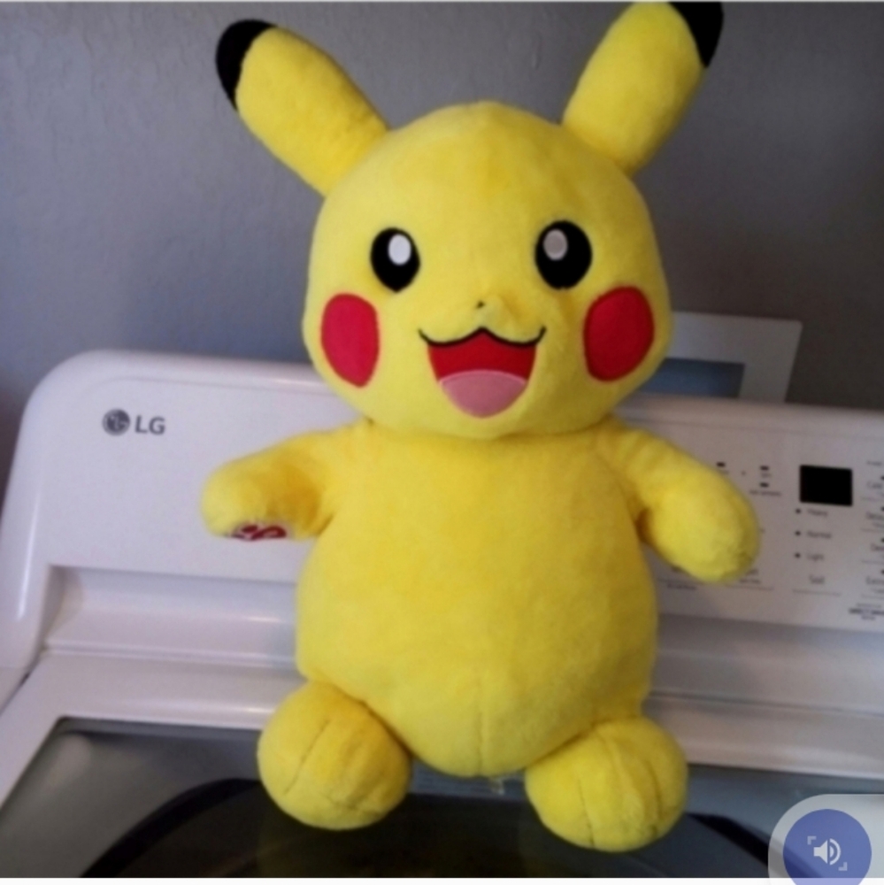 LG Yellow Plush Pikachu Toy From Pokemon with Black and Red Accents EUC